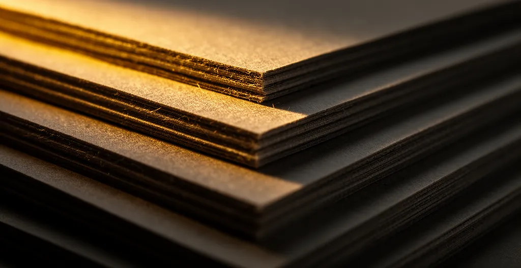 Gros plan sur la tranche d'une pile de papiers épais montrant la texture et l'épaisseur du support