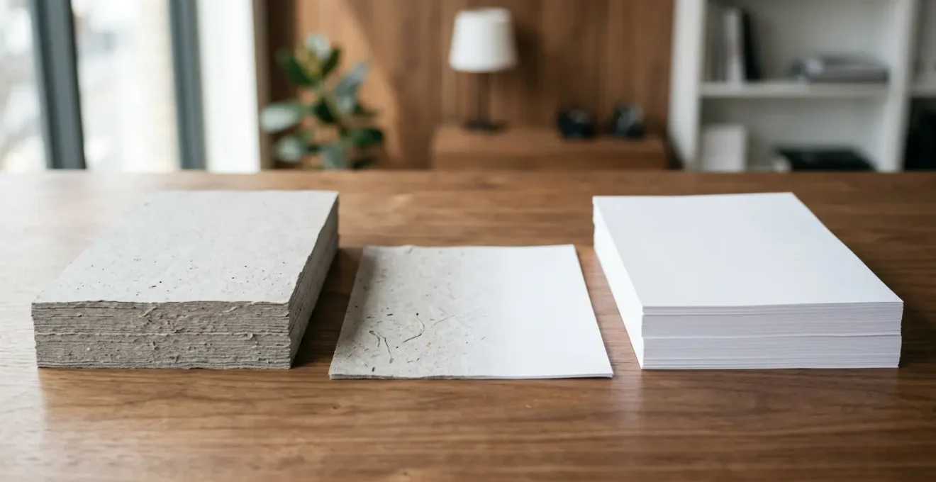 Comparaison visuelle entre papier recyclé naturel et blanchi, mise en situation professionnelle