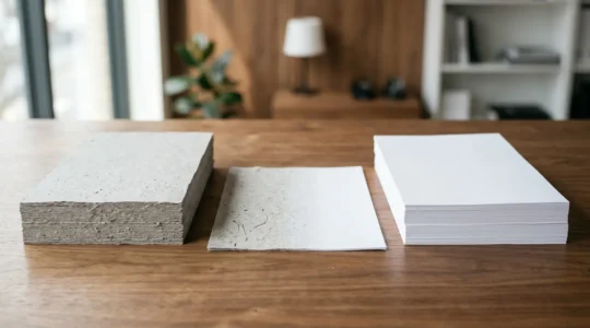 Comparaison visuelle entre papier recyclé naturel et blanchi, mise en situation professionnelle