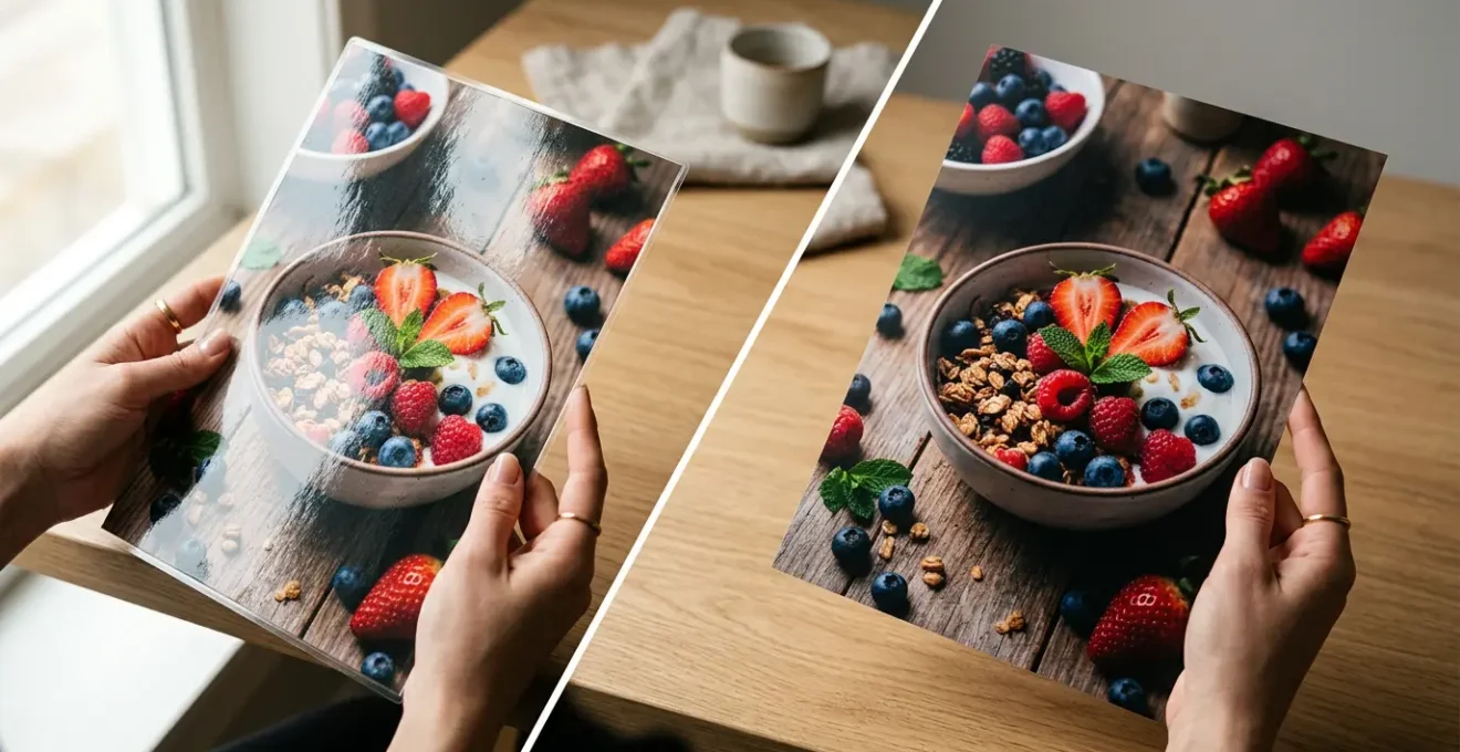 Comparaison visuelle entre deux photographies de produits alimentaires avec pelliculage brillant et mat