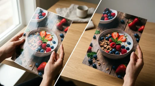 Comparaison visuelle entre deux photographies de produits alimentaires avec pelliculage brillant et mat