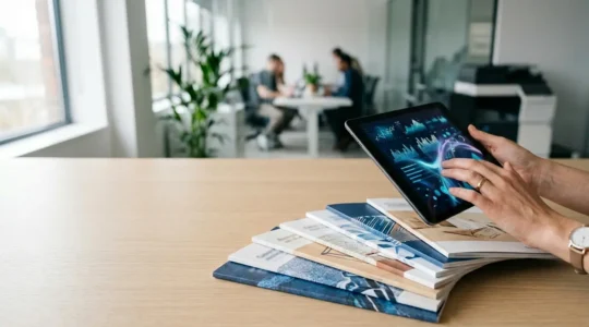 Analyse de données client sur écran avec vue floue de catalogues personnalisés en arrière-plan