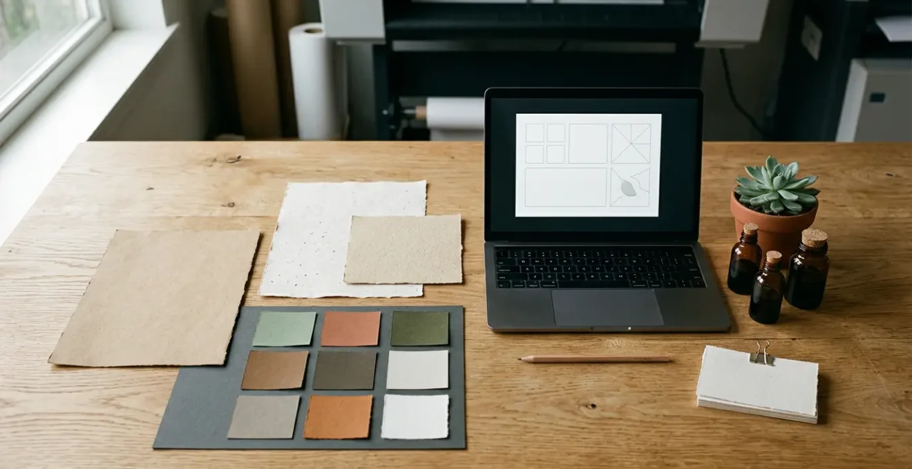 Conception graphique éco-responsable avec espace de travail créatif montrant palette de couleurs naturelles et matériaux durables