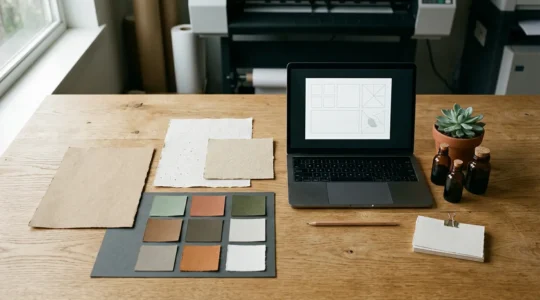 Conception graphique éco-responsable avec espace de travail créatif montrant palette de couleurs naturelles et matériaux durables