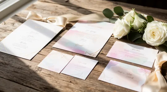 Vue d'ensemble élégante d'une papeterie de mariage coordonnée sur une table en bois avec fleurs fraîches