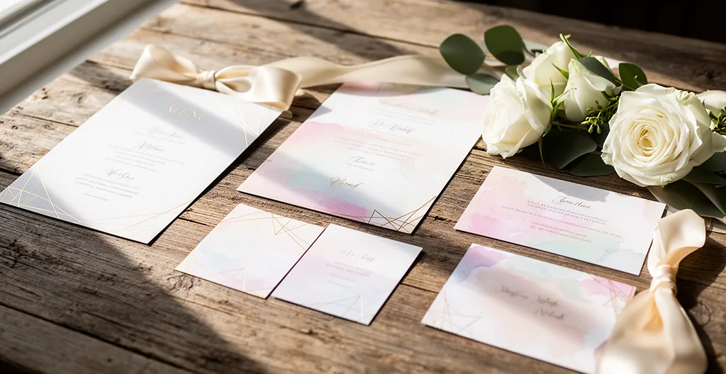 Vue d'ensemble élégante d'une papeterie de mariage coordonnée sur une table en bois avec fleurs fraîches