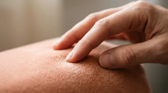 Gros plan sur une main touchant délicatement une surface veloutée avec un éclairage doux révélant la texture