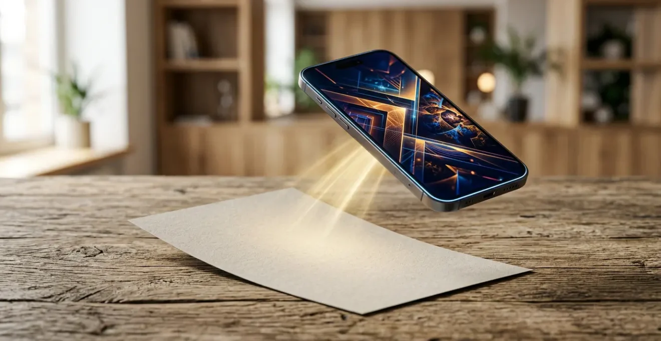 Un flyer papier élégant posé sur une surface en bois naturel avec un smartphone moderne au-dessus montrant un site e-commerce, créant un pont visuel entre physique et digital