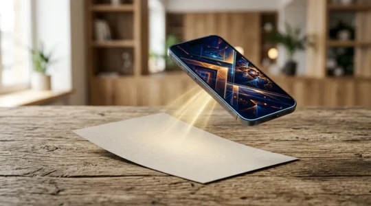 Un flyer papier élégant posé sur une surface en bois naturel avec un smartphone moderne au-dessus montrant un site e-commerce, créant un pont visuel entre physique et digital