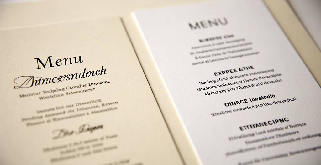Comparaison visuelle entre une police serif et sans-serif sur un menu de mariage élégant