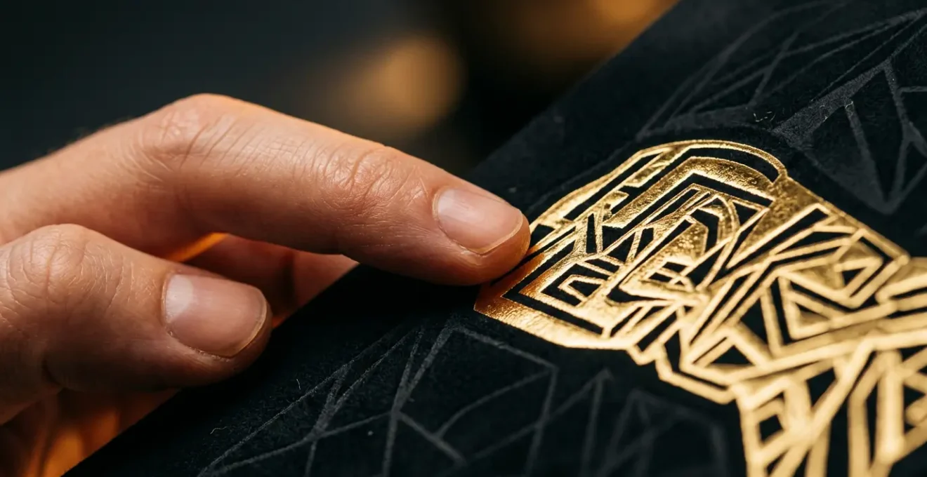 Main touchant délicatement une surface dorée avec contraste entre mat et brillant sur papier premium