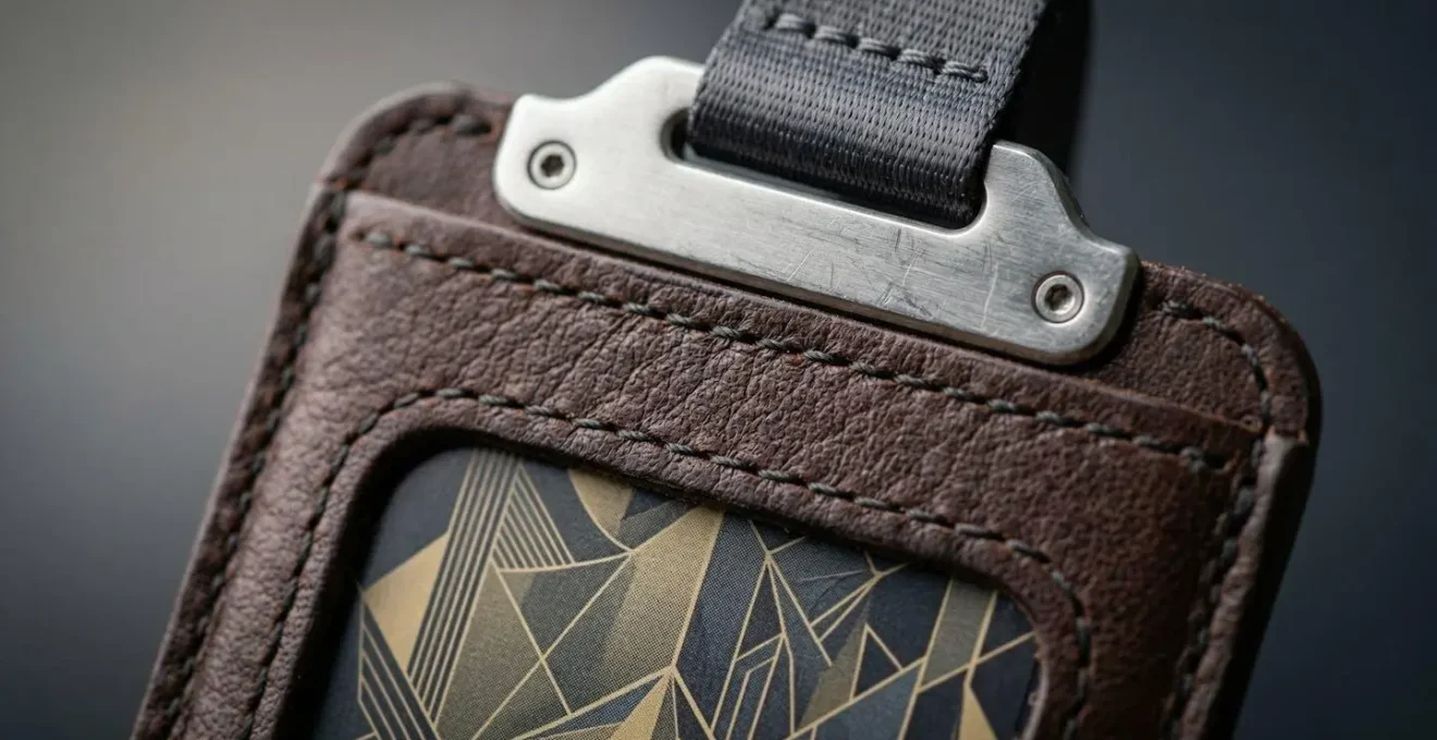 Badge événementiel VIP dans porte-badge en cuir de luxe posé sur surface en marbre