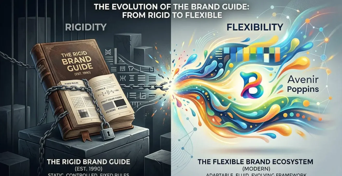 Visualisation métaphorique d'un guide de marque évoluant du rigide vers le flexible