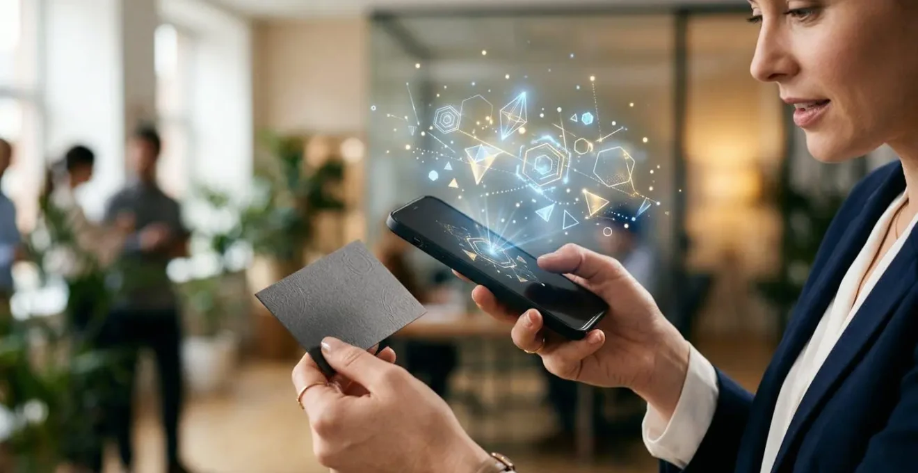 Main tenant une carte de visite élégante avec un smartphone au-dessus montrant des éléments holographiques abstraits