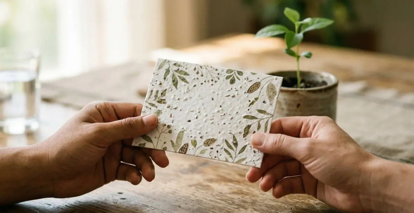 Mains tenant une carte de vœux écologique avec des éléments naturels