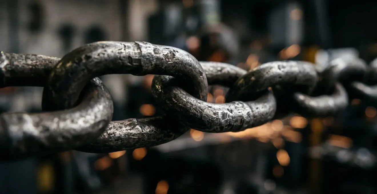 Vue macro d'une chaîne métallique avec reflets dorés symbolisant la continuité de certification