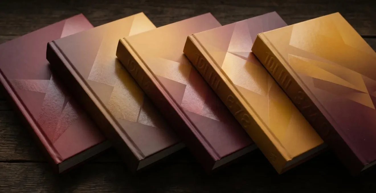 Série de cinq livres d'art alignés montrant une progression colorimétrique subtile sur les couvertures