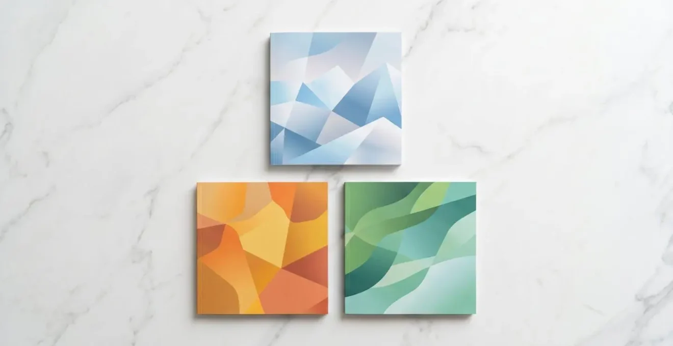 Vue aérienne minimaliste montrant trois catalogues disposés en triangle sur une surface neutre