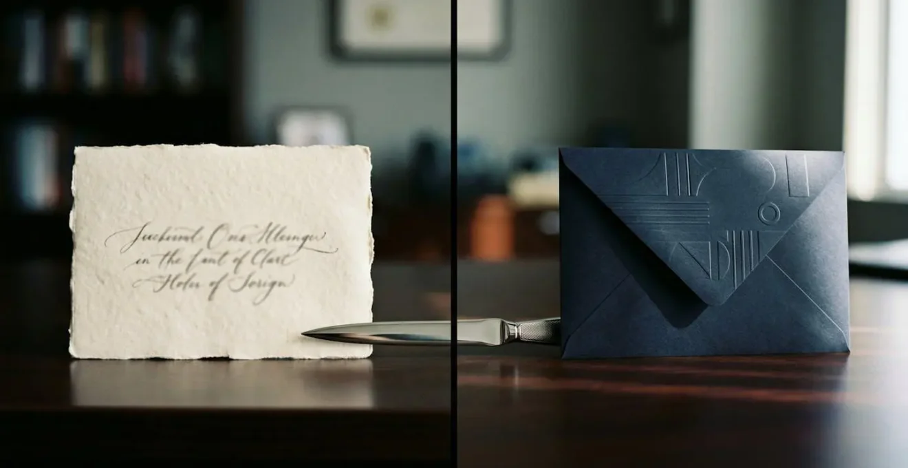 Deux enveloppes côte à côte sur un bureau en bois, l'une avec une écriture manuscrite et l'autre avec un logo d'entreprise en relief.
