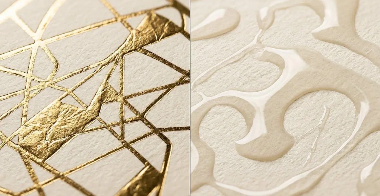 Photo macro montrant les textures de dorure à chaud et vernis 3D sur papier premium