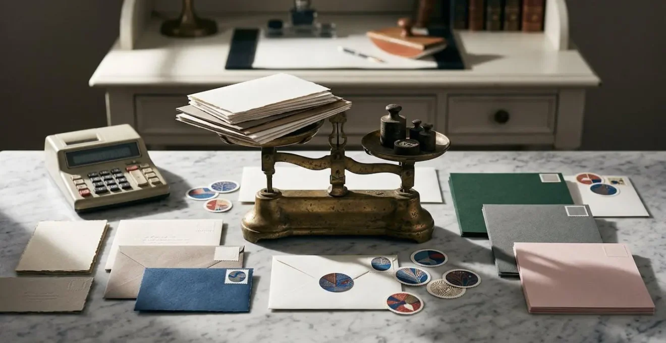 Différents formats d'invitations disposés avec calculatrice et timbres montrant l'impact sur le budget postal