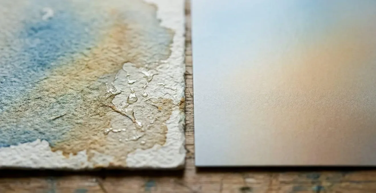 Comparaison macro des textures de papier aquarelle grain torchon et satiné avec pigments