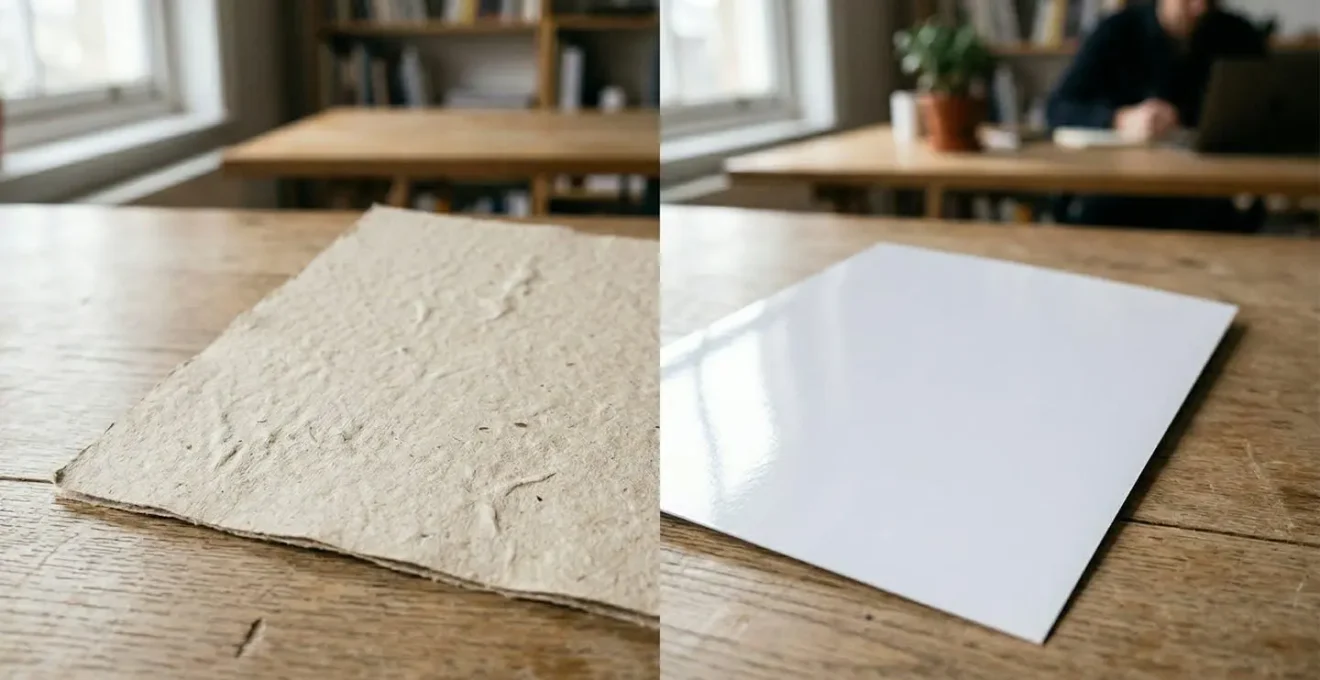 Comparaison côte à côte de papiers aux textures contrastées : mat chaleureux versus glacé froid