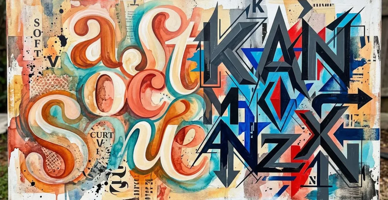 Composition abstraite montrant le contraste entre formes douces et angulaires en typographie