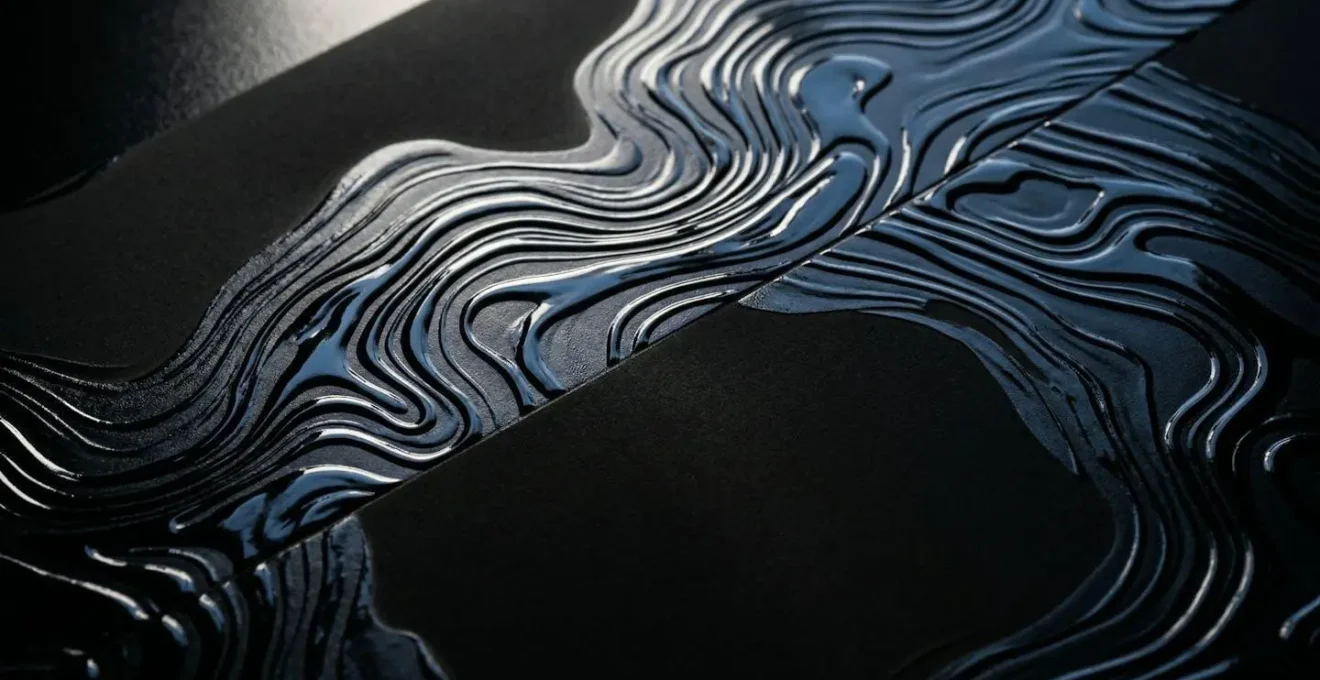 Composition abstraite montrant le contraste entre surface mate veloutée et zones brillantes en relief