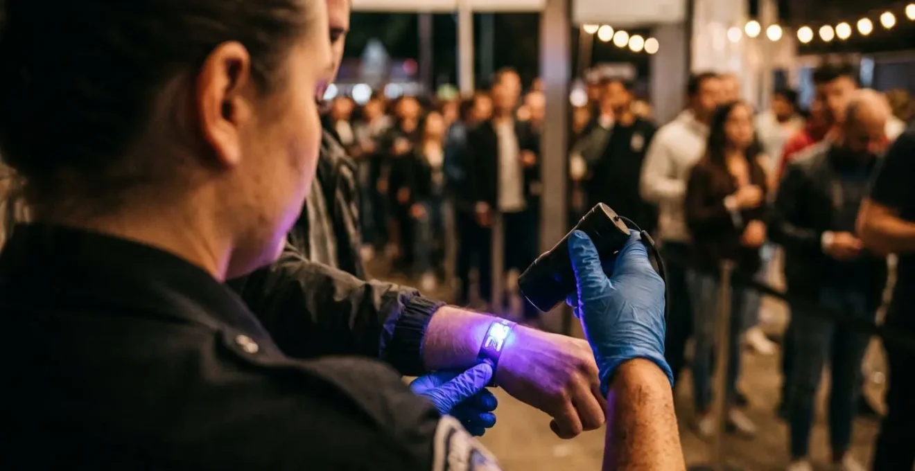 Agent de sécurité utilisant une lampe UV pour vérifier un billet à l'entrée d'un événement