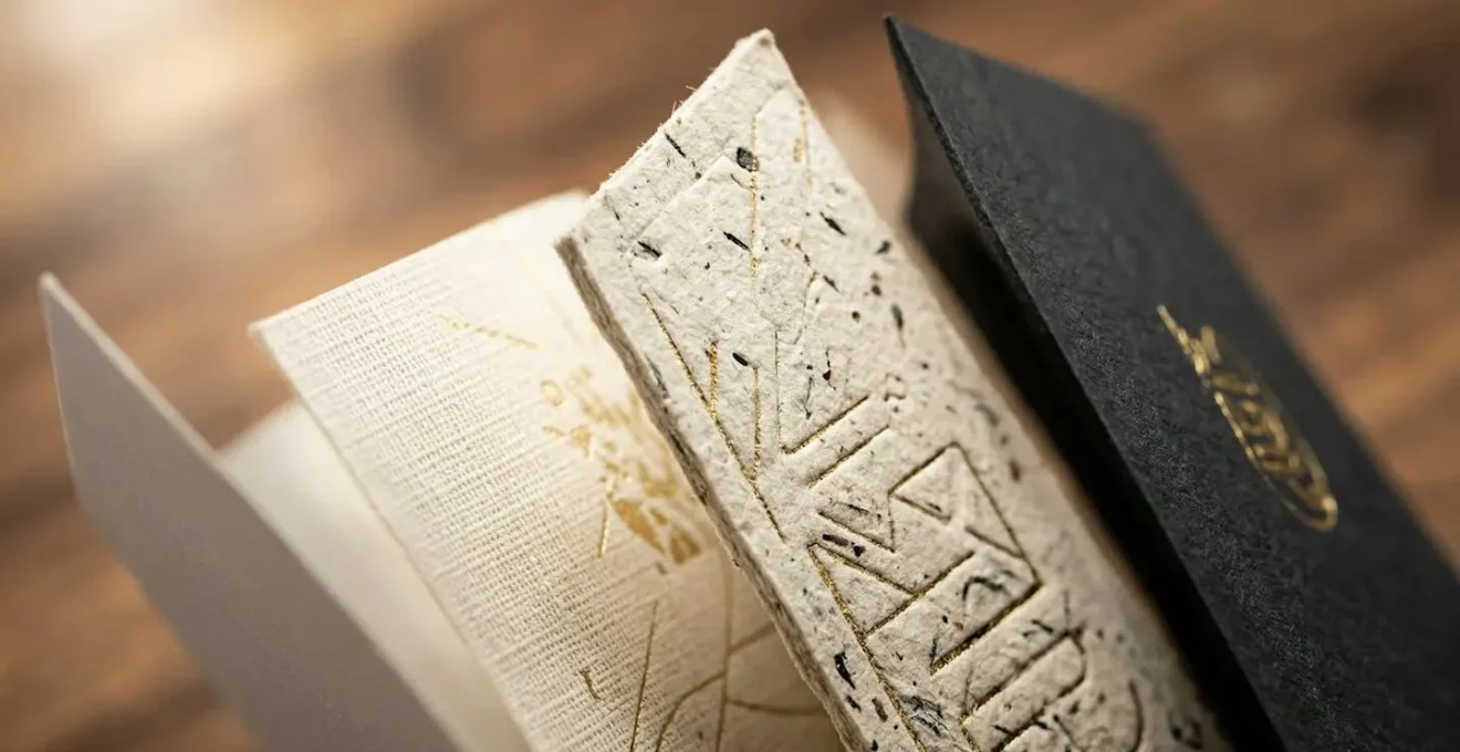Échantillons de papiers de différents grammages et textures pour marketing de luxe