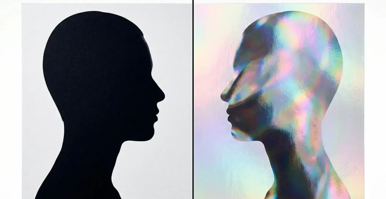 Comparaison entre un portrait net sur papier mat et le même portrait avec un effet fantomatique et déformé sur une surface de papier nacré.