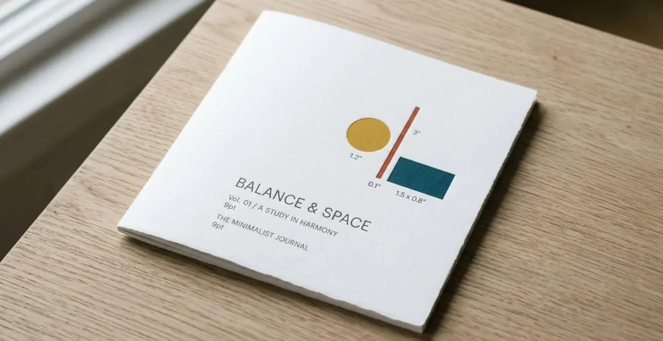 Composition minimaliste montrant l'équilibre parfait entre espace blanc et éléments colorés sur un support imprimé