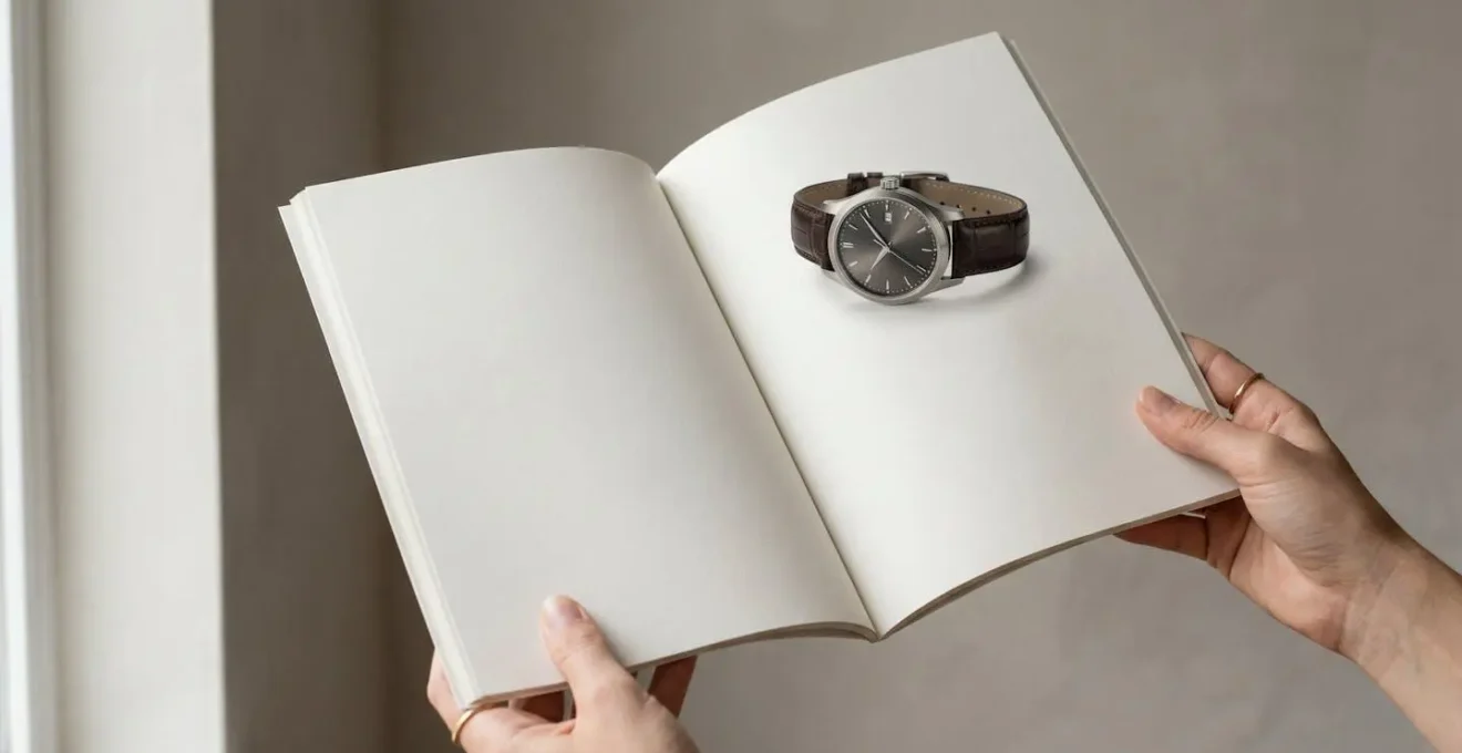Composition minimaliste avec un large espace blanc mettant en valeur un unique objet de luxe.