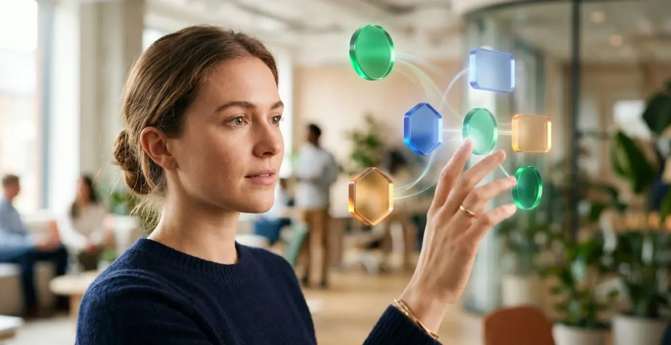 Interface de réalité augmentée avec boutons d'action flottants et chemins de conversion