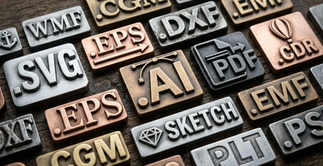Vue macro de différents formats de fichiers vectoriels avec leurs extensions visibles en relief