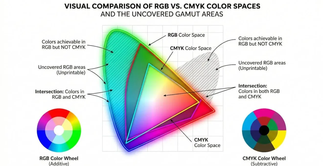 Représentation visuelle de l'espace colorimétrique RVB versus CMJN montrant les zones non couvertes