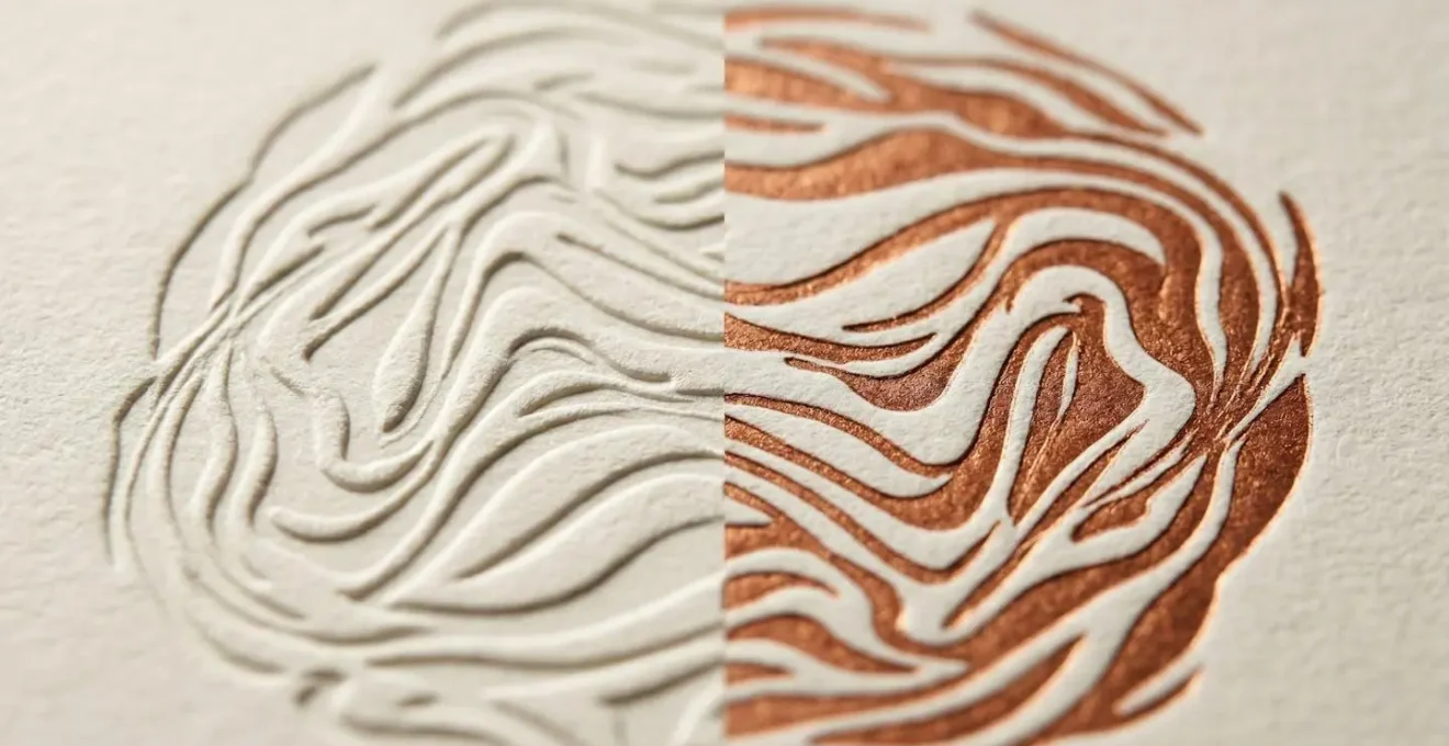 Vue macro d'un relief gaufré montrant la texture et les ombres subtiles sur papier texturé