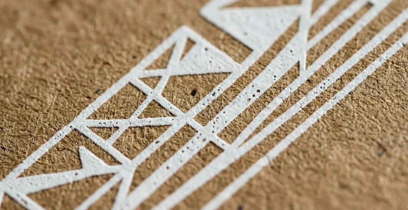 Vue macro d'une impression à l'encre blanche sur papier kraft brun montrant le contraste et la texture