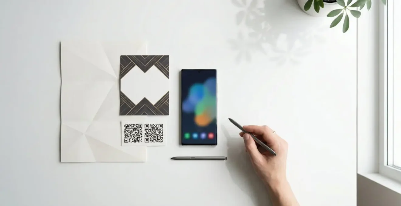 Vue d'un bureau où un courrier premium avec un motif de QR code est posé à côté d'un smartphone affichant une page web.