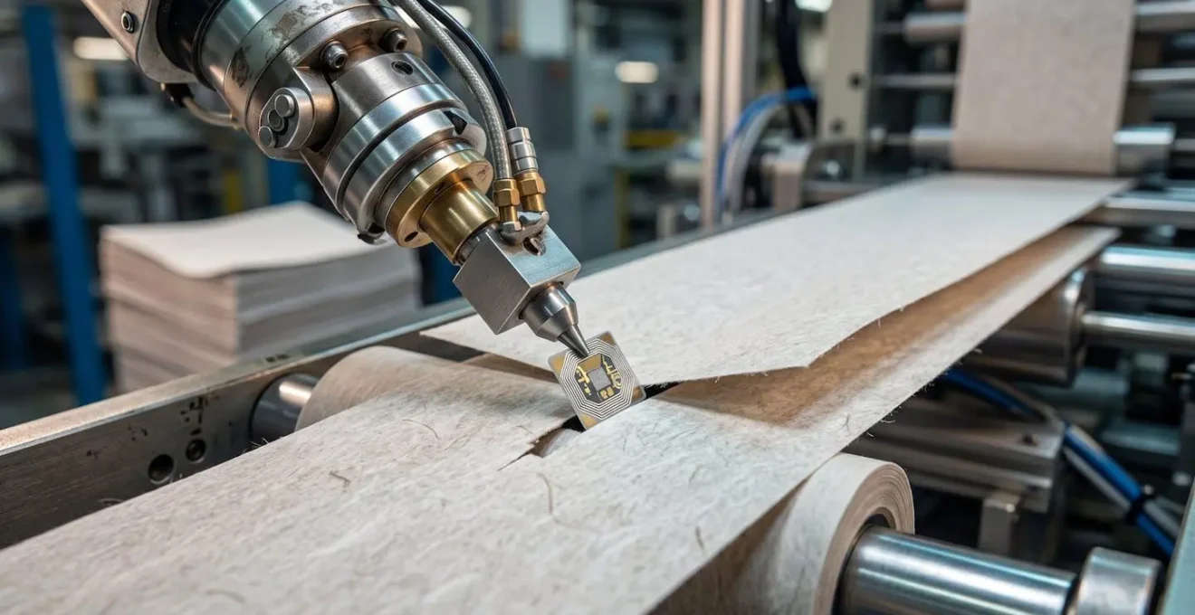 Vue macro d'une ligne de production robotisée insérant des puces NFC dans des catalogues