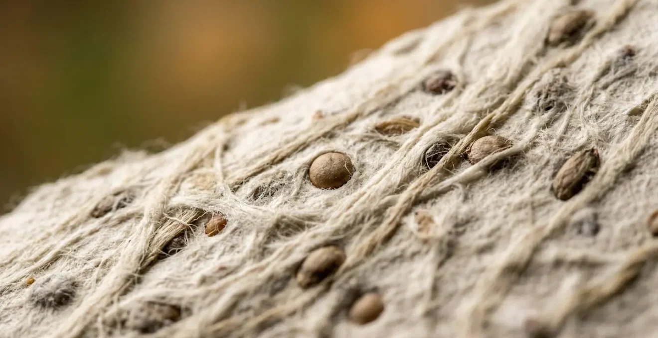 Vue macro d'un papier ensemencé révélant les graines intégrées et la texture irrégulière de la surface