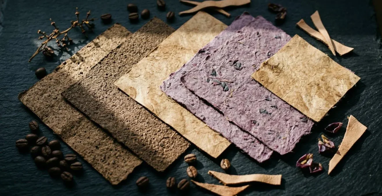 Composition artistique de différents papiers alternatifs issus de marc de café, déchets de cuir et fibres de raisin