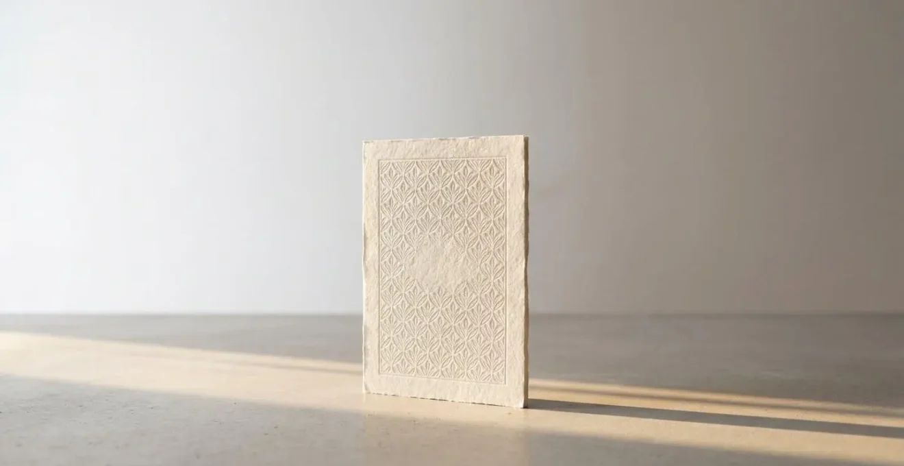 Détail macro d'un papier vergé épais avec relief et texture visible sous lumière rasante