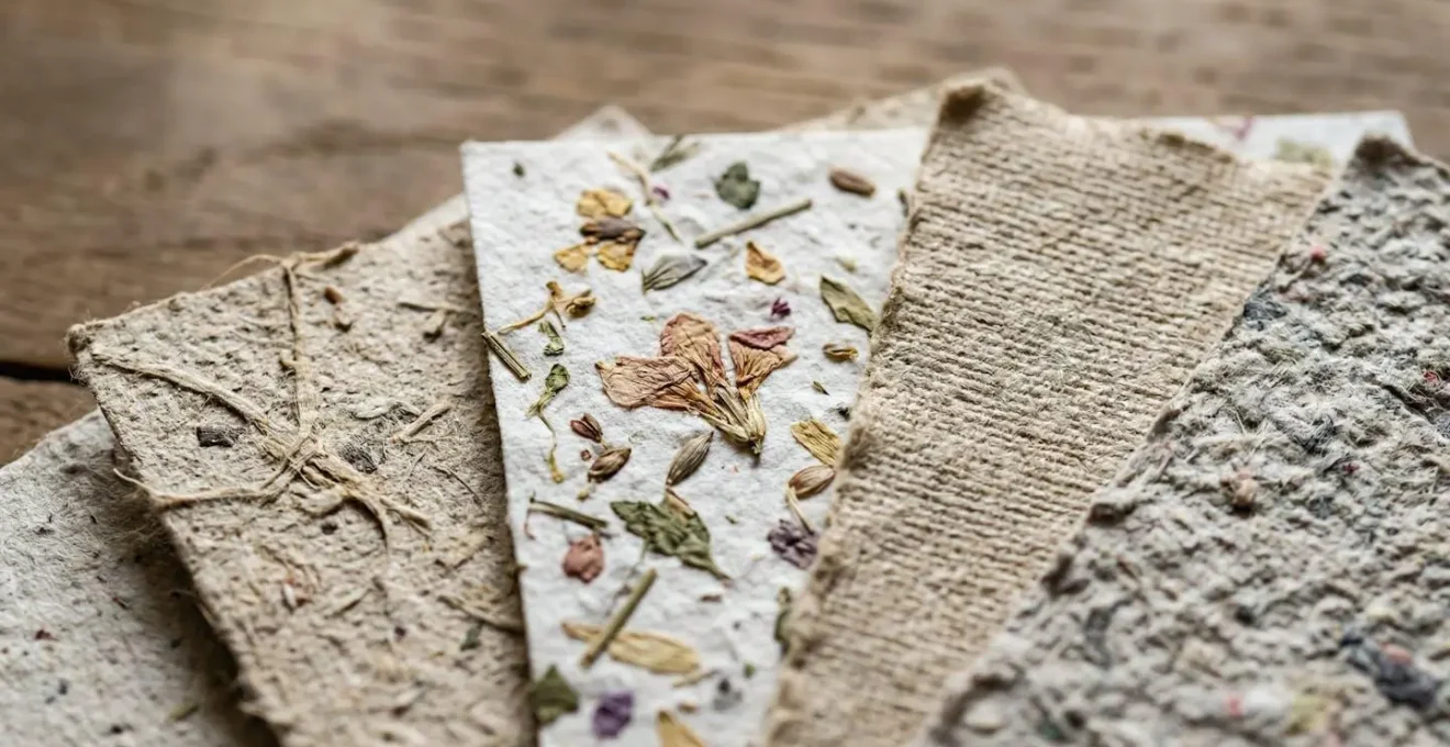 Échantillons de papiers certifiés avec textures naturelles et inclusions végétales disposés en éventail