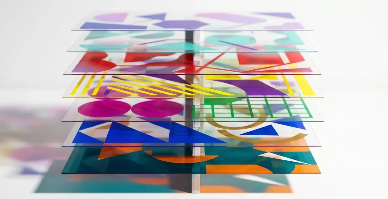 Composition artistique montrant différentes couches de personnalisation sur documents imprimés