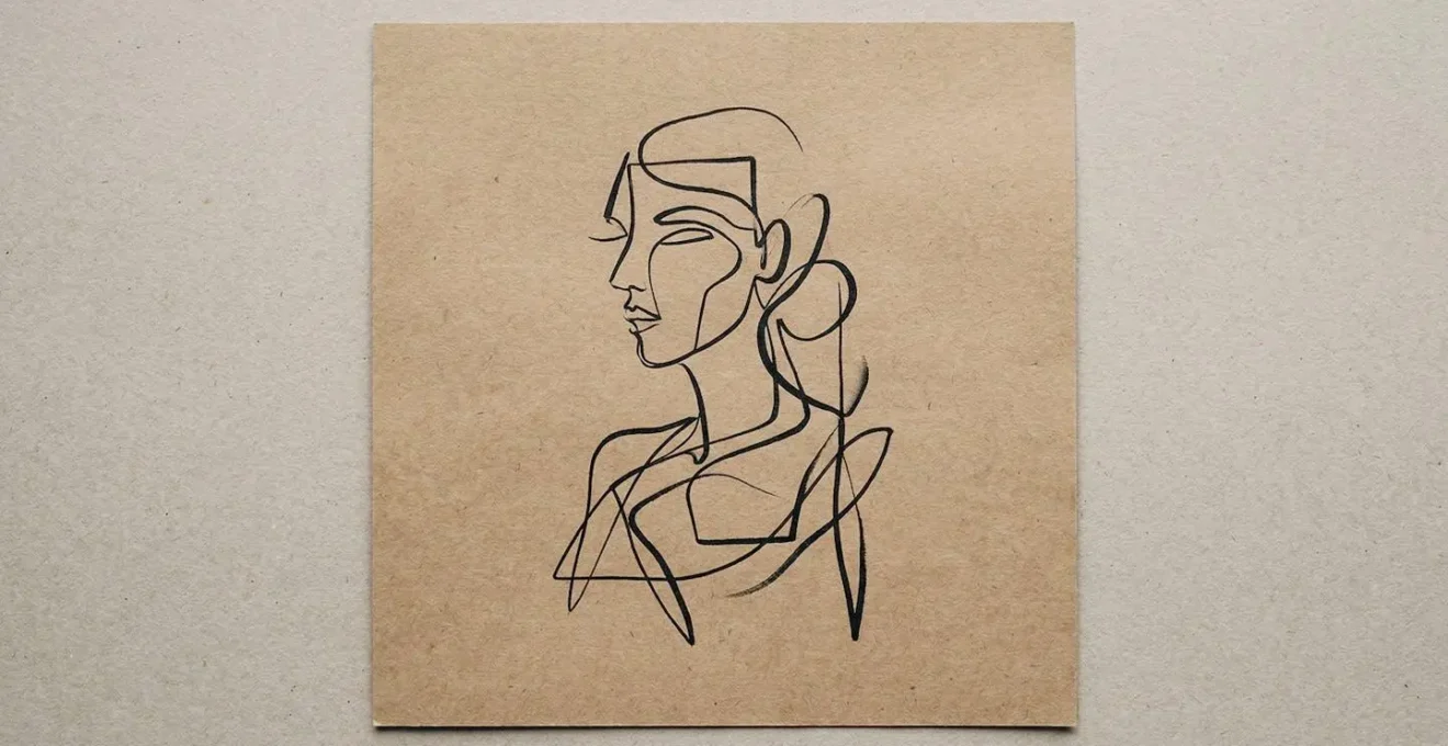Illustration au trait noir sur papier kraft représentant un visage stylisé avec technique de gravure