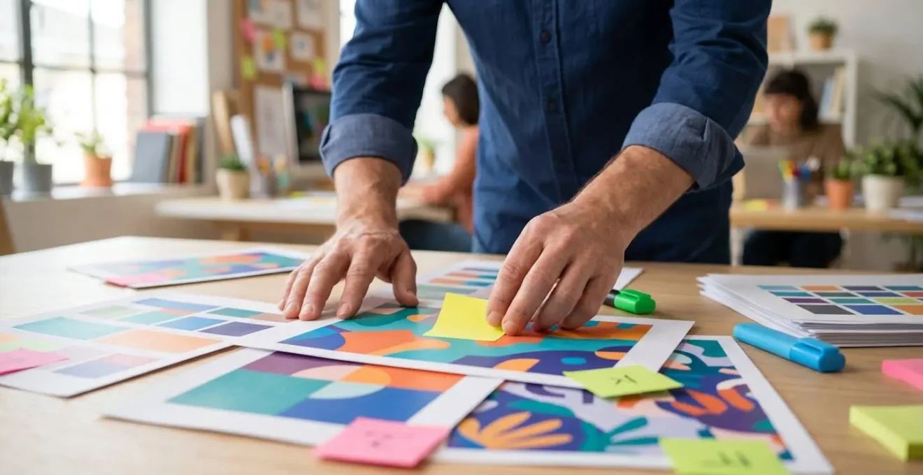 Gros plan sur des mains manipulant des feuilles de papier avec des annotations colorées