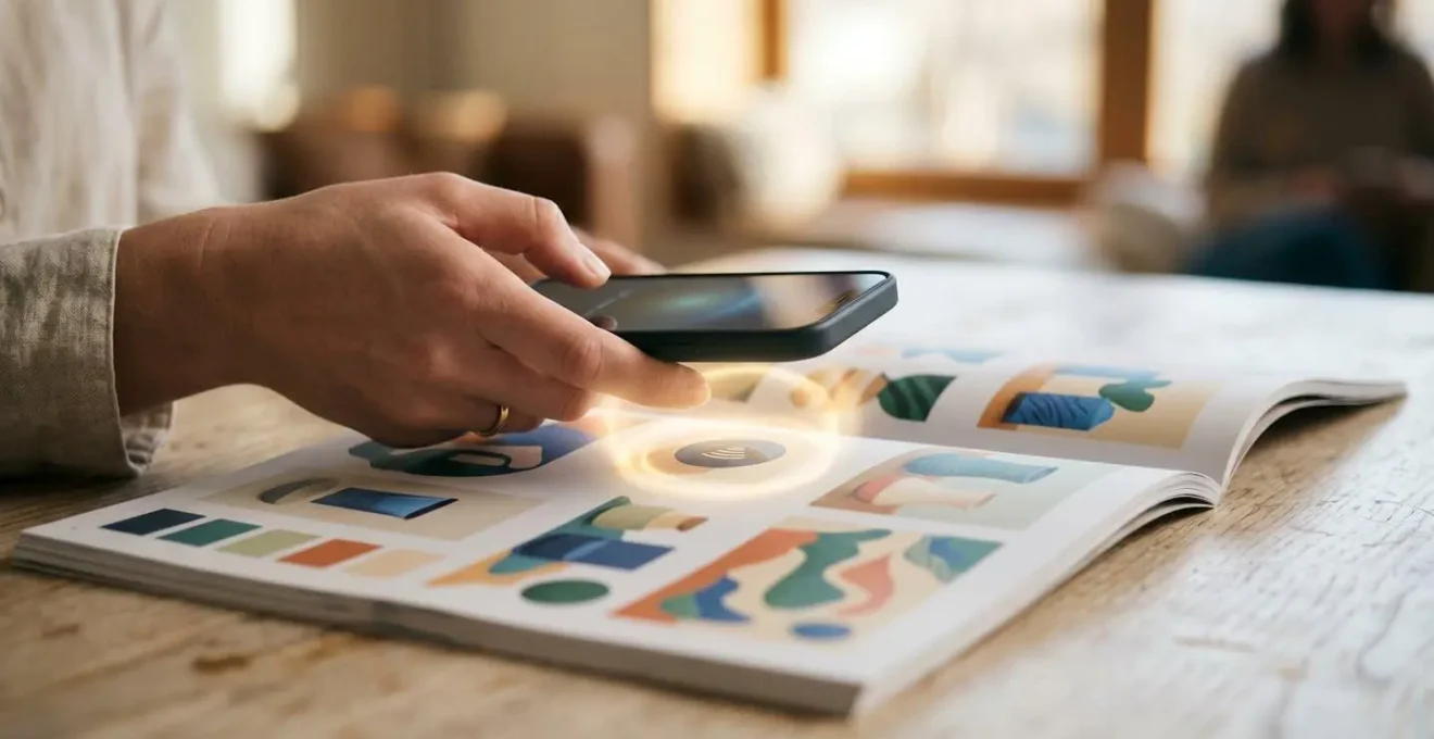 Main tenant un smartphone au-dessus d'un catalogue avec effet lumineux suggérant l'interaction NFC