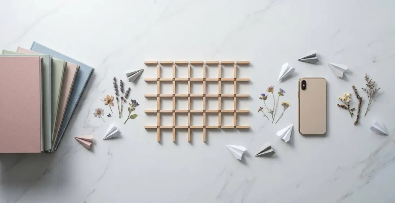Vue aérienne minimaliste d'un calendrier marketing avec catalogues papier et notifications email symbolisées